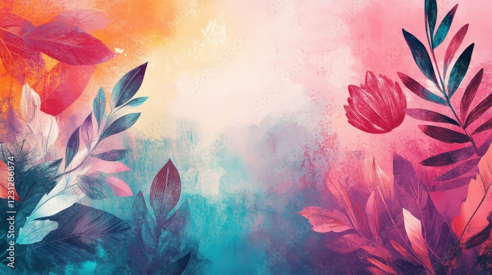 Poster This colorful abstract background features vibrant floral elements and leaves, creating a visually appealing artistic design perfect for various applications.