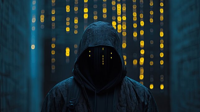 Figure in Hooded Jacket with Glowing Lights Against Dark Textured Background Scene
