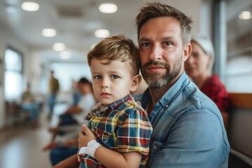 Obraz premium A father holds his young son with a bandage on his knee, displaying a reassuring expression amidst a bustling pediatric waiting room filled with families and children
