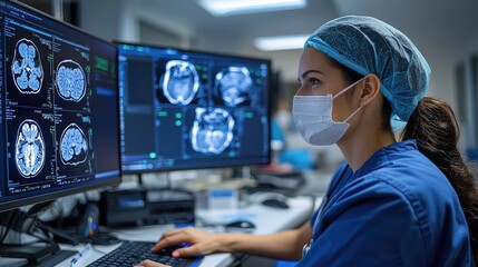 Medical professional analyzing brain scans on monitors