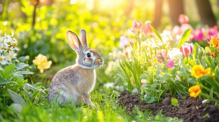 Energetic Rabbit Hopping Around Garden with Spring Flowers: Vibrant Blooms and Green Grass Creating a Lively and Colorful Spring Atmosphere, Ideal for Seasonal Pet Content