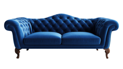 Luxurious blue velvet chesterfield sofa on transparent background