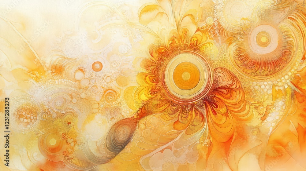 Poster vibrant abstract floral art with swirling orange and yellow patterns, creating a dynamic and energet