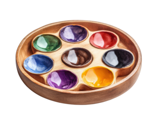 set of watercolor paints in wooden palette, featuring vibrant colors like red, green, blue, and yellow, perfect for artistic creativity and expression