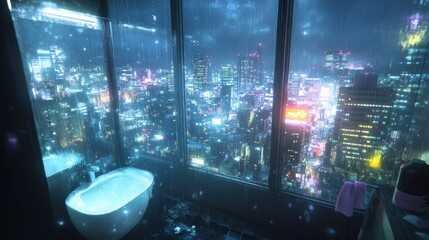 A serene bathroom with a bathtub overlooking a vibrant, rainy cityscape at night.
