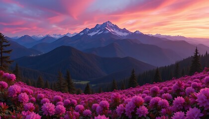 Stunning Sunset over Majestic Mountains and a Vibrant Field of Pink Rhododendrons