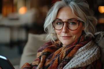 Smiling senior woman wearing eyeglasses and scarf relaxing at home with tablet