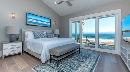 A modern bedroom with ocean views, featuring a bed, lamps, and sliding glass doors.