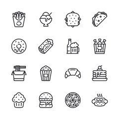 A set of food icons including donuts, sandwiches, and pizza