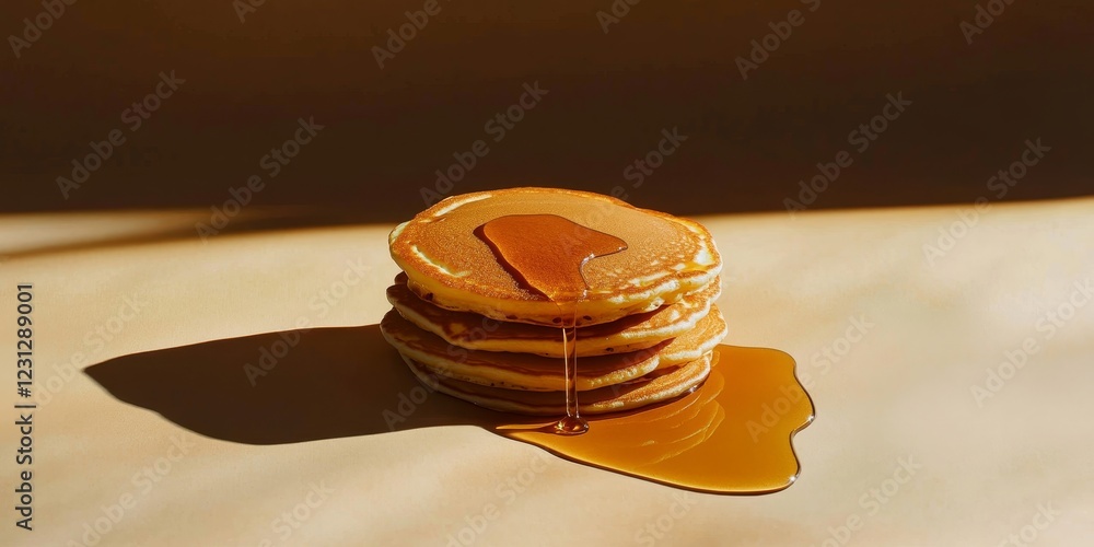 Poster a visually appealing stack of fluffy pancakes drizzled with golden syrup, perfect for breakfast or b