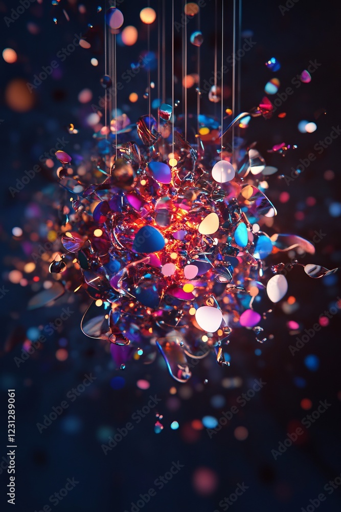 Poster a mesmerizing abstract image of a colorful glass sphere with floating fragments and vibrant lights a