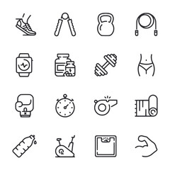 A collection of fitness icons including a stopwatch, dumbbell, and a yoga mat