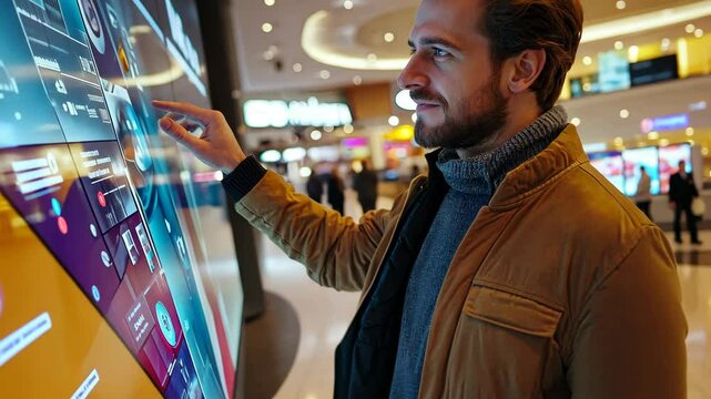 Young man interacting with a digital touchscreen display at a modern tech installation.