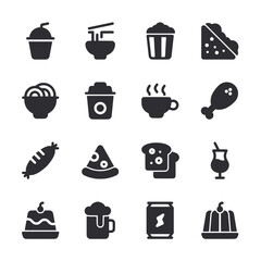 A collection of food icons, including pizza, sandwiches, and drinks
