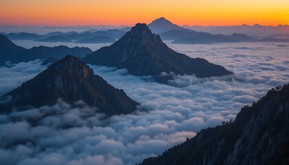 Majestic Sunrise Over Mountain Peaks and Sea of Clouds: A Breathtaking Panoramic View of Dramatic Landscapes