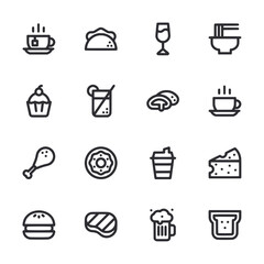 A set of food icons including a hamburger, a cupcake, a donut, a sandwich