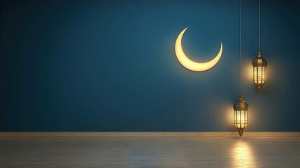 Minimalistic Ramadan background with a glowing crescent moon, two lanterns, and a spacious, rich blue backdrop