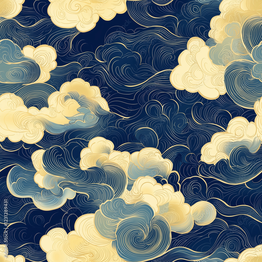 Poster a stylized pattern of soft clouds and waves against a deep blue background.