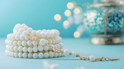 White Islamic rosary beads placed on a simple sky-blue backdrop with minimal Ramadan-themed accents