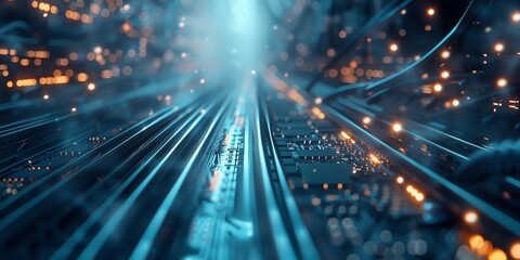 Obraz premium Fast data transmission through fiber optic cables, carefully routed across white circuit boards mounted on high-end server cabinets. The foreground features sharp lighting, while the background is blu