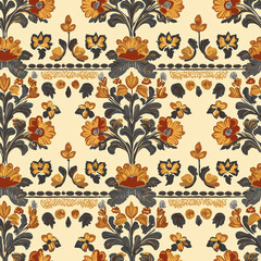 Floral pattern featuring vibrant flowers and leaves on a light background.