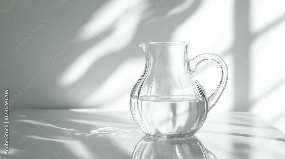 Poster a pitcher of water is sitting on a table. the pitcher is clear and filled with water. the table is w