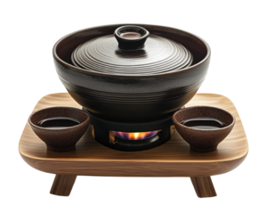 traditional pot set with burner and dipping bowls, perfect for serving hot dishes. elegant design adds touch of warmth to any dining experience