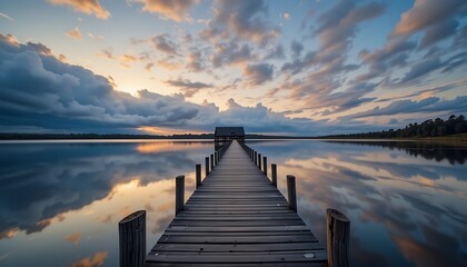 Fototapeta premium Serene Sunset over Calm Lake with Wooden Dock Leading to Lakeside House