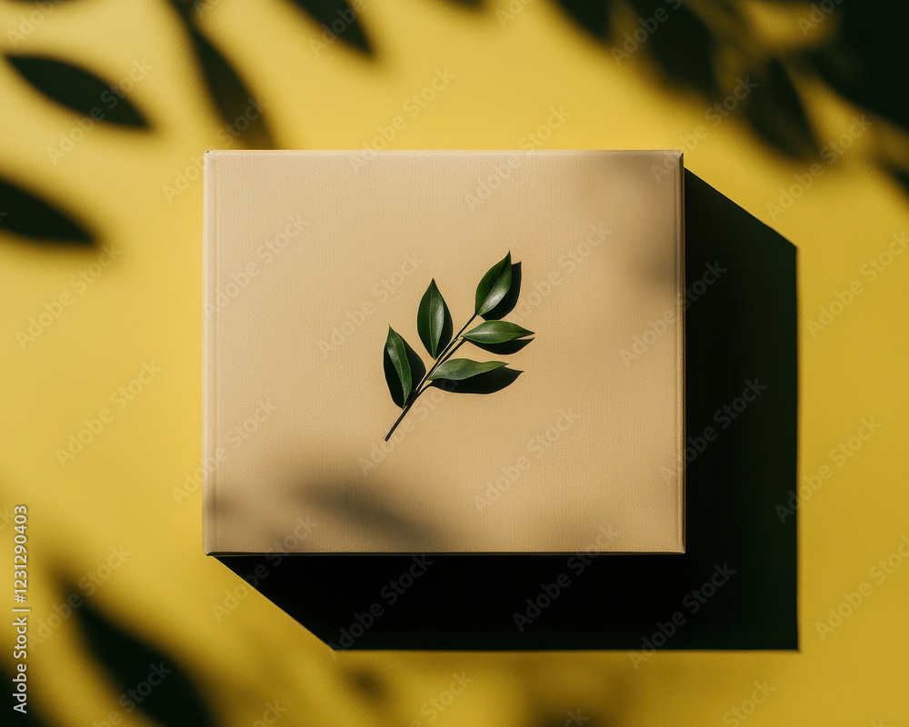 Aufkleber minimalist composition featuring leaf on beige box against yellow background, creating serene and na