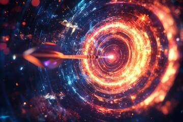 Obraz premium A glowing orange ball with a bright blue arrow shooting through it. The arrow is pointing to the right