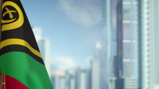 hanging Vanuatu flag on city backdrop with blue sky