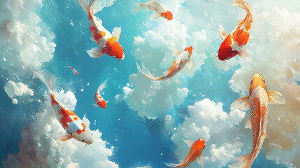Artistic Style Painting of KOI Fish Swimming in the Clouds Koi Fish Swimming in the Sky Aspect 16:9
