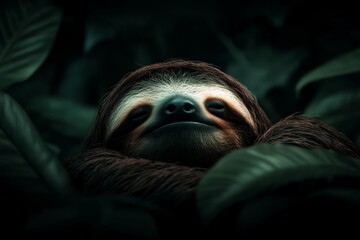 Fototapeta premium Tranquil Sloth Relaxing Amidst Lush Foliage in Serene Jungle Setting