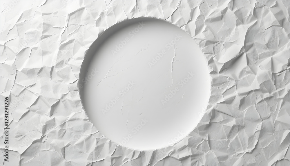 Poster abstract white crumpled paper texture with circular empty space