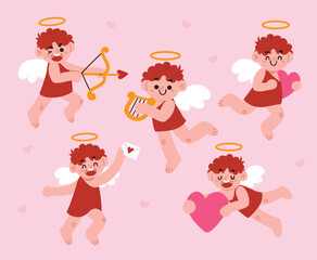 Cute Cupid Angels Set with Cartoon Cherubs Bows Arrows Hearts Love Wings Halo