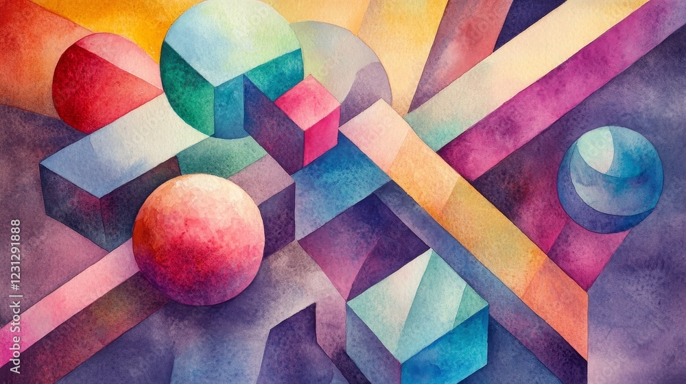 Poster a painting of various colored spheres and cubes. the painting is abstract and colorful. the spheres 
