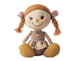 cute rag doll with stitched features, button eyes, and friendly smile. This charming toy has braided yarn hair and checkered dress, perfect for imaginative play