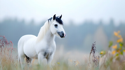 Obraz premium White pony autumn field misty morning nature