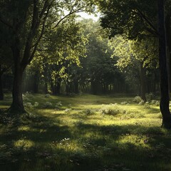 Obraz premium Sunlit forest clearing with lush greenery, dappled light, and tranquil atmosphere in a woodland setting.