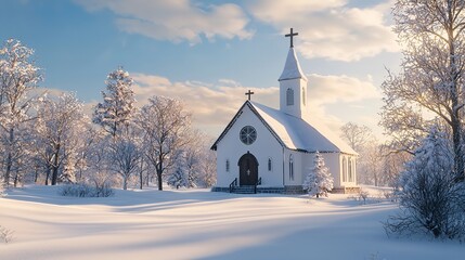 A Tranquil Winter Scene of a Small Church in the Snow