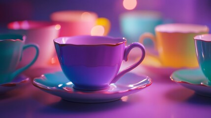 Fototapeta premium A collection of colorful teacups with a soft focus and warm bokeh lighting, creating a cozy and artistic atmosphere.