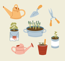 Gardening Tool Hand Drawn Set with Recycle Pot and Plant Care Elements
