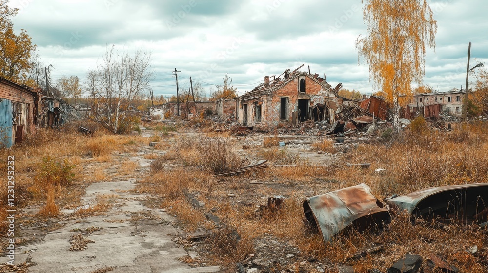 Poster a desolate, abandoned area with a few buildings and a large pile of junk. scene is bleak and desolat