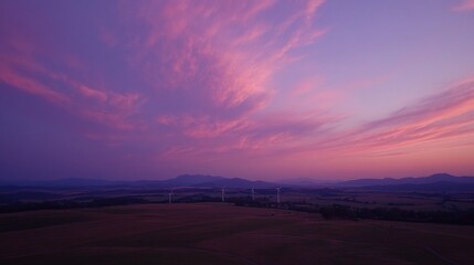 A serene landscape at sunset, showcasing vibrant skies and wind turbines in the distance.