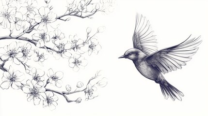 Fototapeta premium Bird in Flight Above Cherry Blossoms: A Penciled Masterpiece of Nature's Beauty