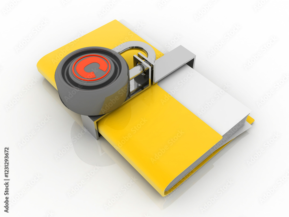 Poster 3d rendering yellow folder and lock. data security concept