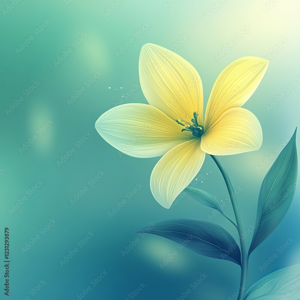 Poster elegant yellow lily on a soft green background with gentle lighting and subtle bokeh effects