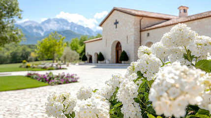 White flowers foreground, stone church background, mountain view, wedding venue