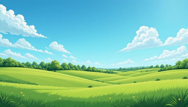 Beautiful Summer Landscape of Rolling Green Hills and Lush Meadows Under a Bright Blue Sky with Fluffy White Clouds