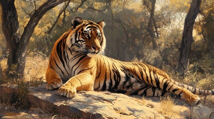 Majestic tiger resting on rock, dappled sunlight, forest background, wildlife conservation